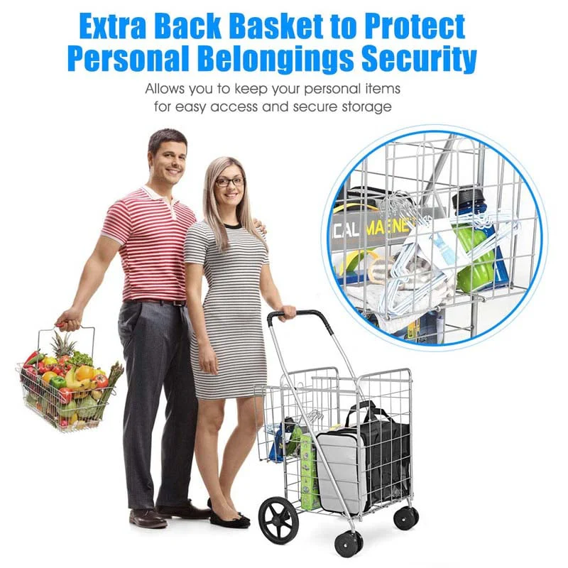 Jumbo Folding Shopping Cart Large Rolling Grocery Utility Cart with Double Basket & 360�� Swivel Wheels