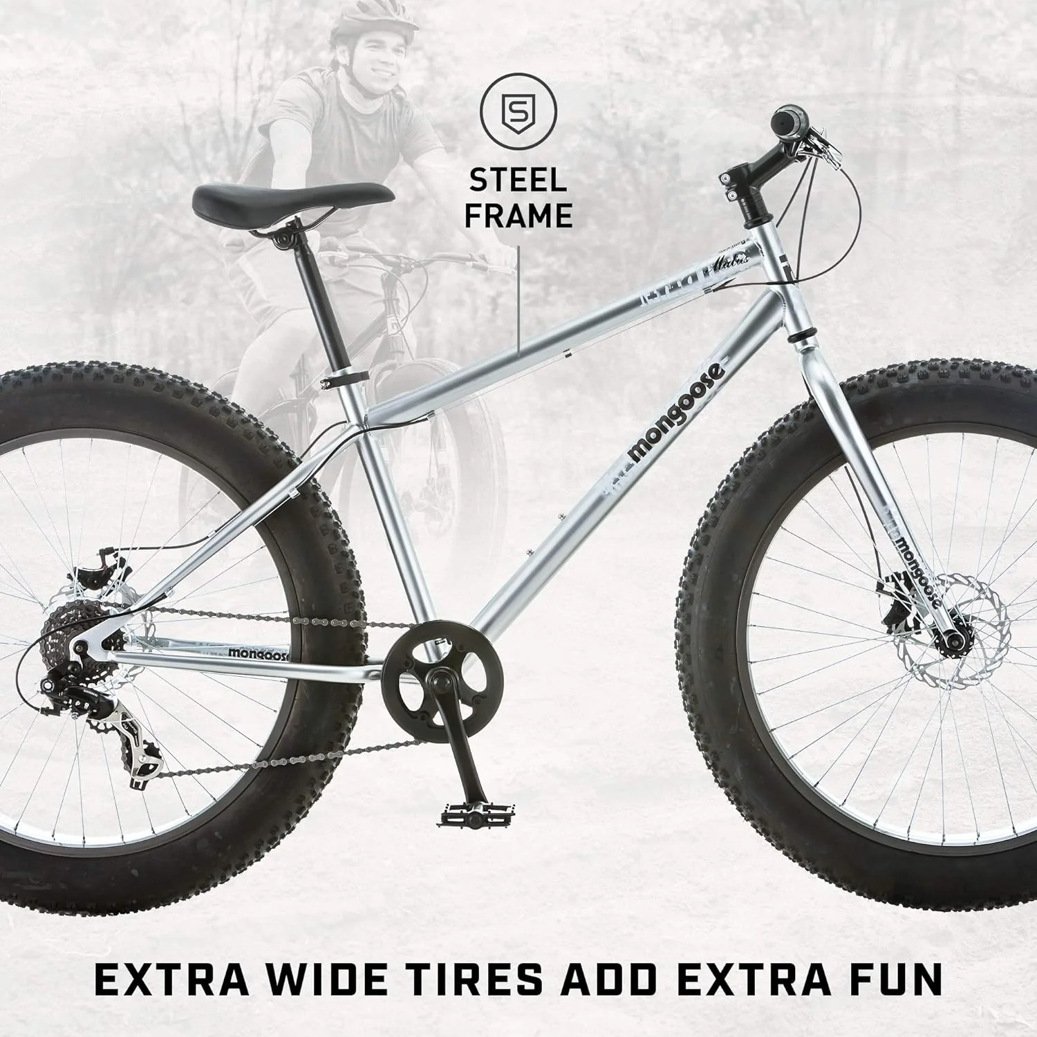 Malus Mens and Women Fat Tire Mountain Bike, 26-Inch Bicycle Wheels, 4-Inch Wide Knobby Tires, Steel Frame, 7 Speed Drivetrain, Shimano Rear Derailleur, Disc Brakes