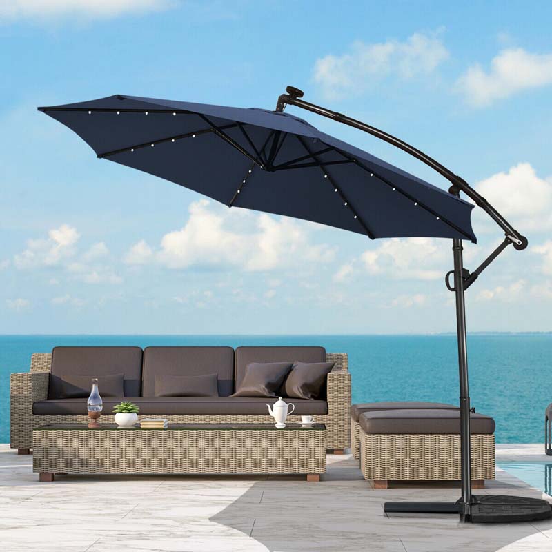 10 FT Patio Offset Umbrella with Solar Lights 360�� Rotation Outdoor Market Umbrella with Crank Handle & Cross Base