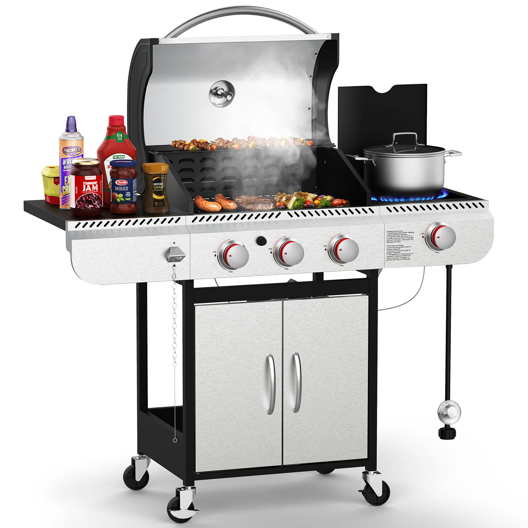 3+1/4+1 Burner Freestanding Propane Gas Grill With Side Burner And Cabinet