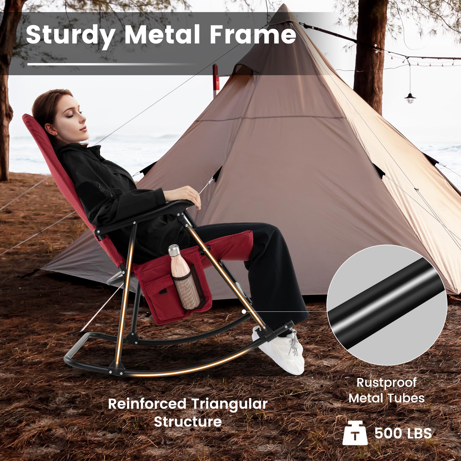 Oversized Folding Rocking Chair, Padded Patio Lounge Rocker w/Metal Frame, Armrests, Side Pocket