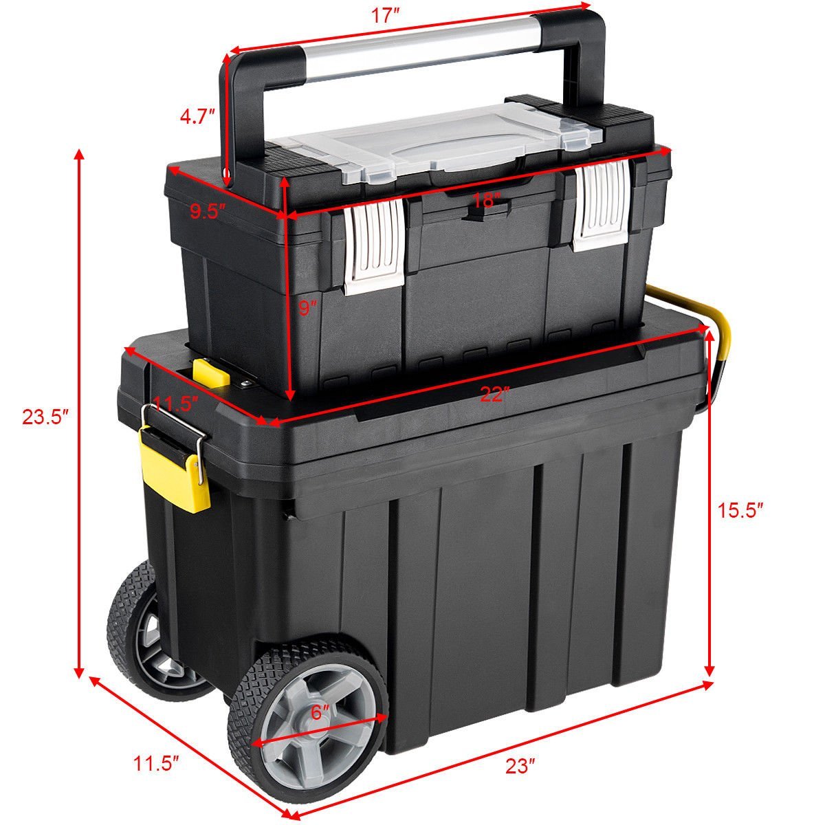 2-in-1 Tool Box Portable Rolling Toolbox Storage Solution Multi-Purpose Plastic Organizer Set
