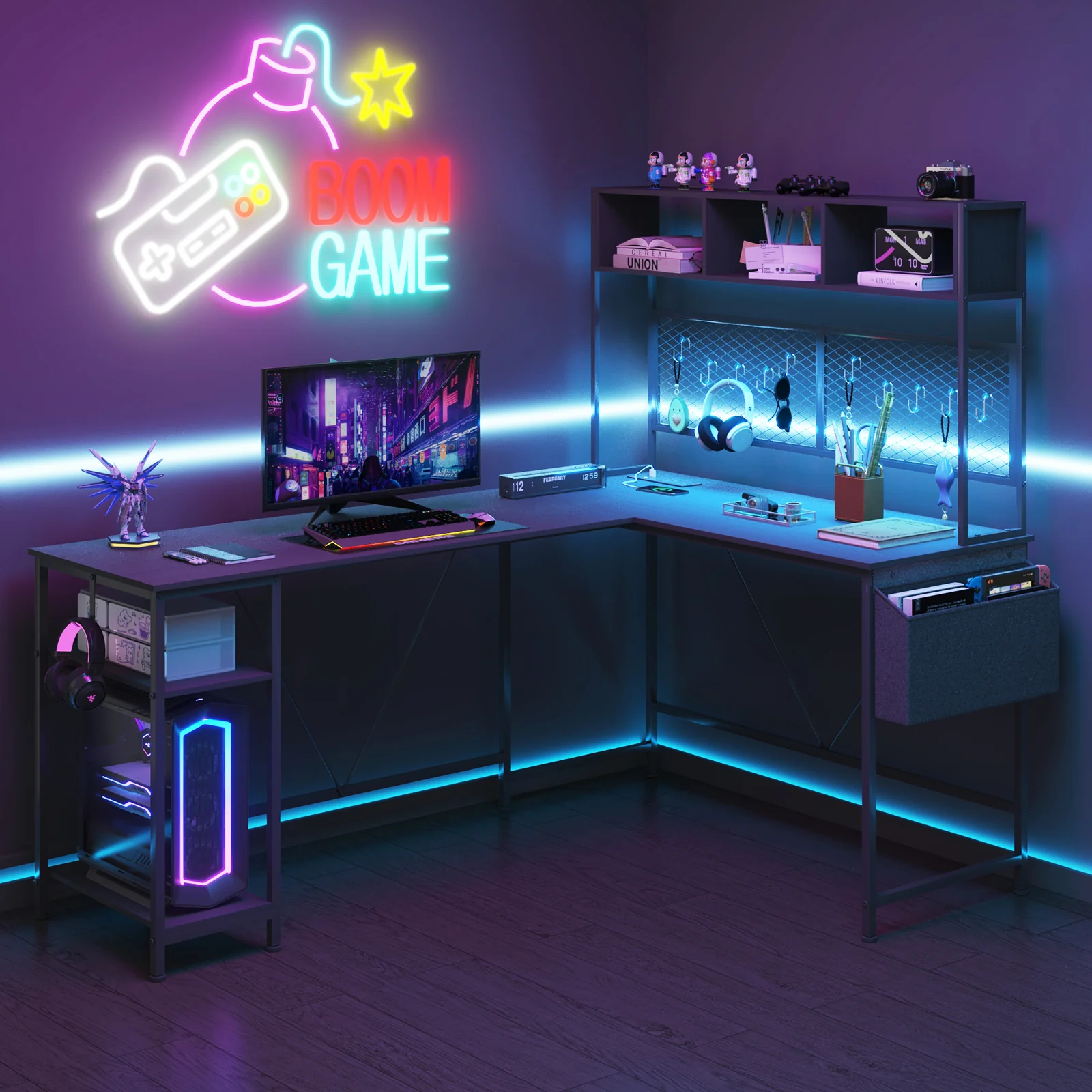 L Shaped Gaming Desk with LED Lights &  Storage Shelf