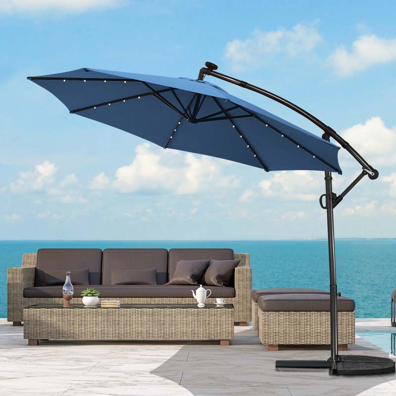 10 FT Patio Offset Umbrella with Solar Lights 360�� Rotation Outdoor Market Umbrella with Crank Handle & Cross Base