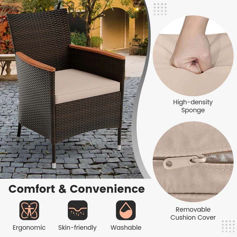 10Pcs Patio Rattan Dining Set with 15FT Double-Sided Umbrella, Heavy Duty Acacia Wood Table & Stackable Wicker Chairs