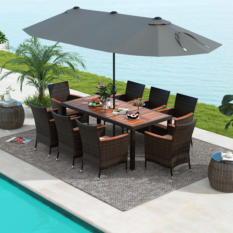 10Pcs Patio Rattan Dining Set with 15FT Double-Sided Umbrella, Heavy Duty Acacia Wood Table & Stackable Wicker Chairs