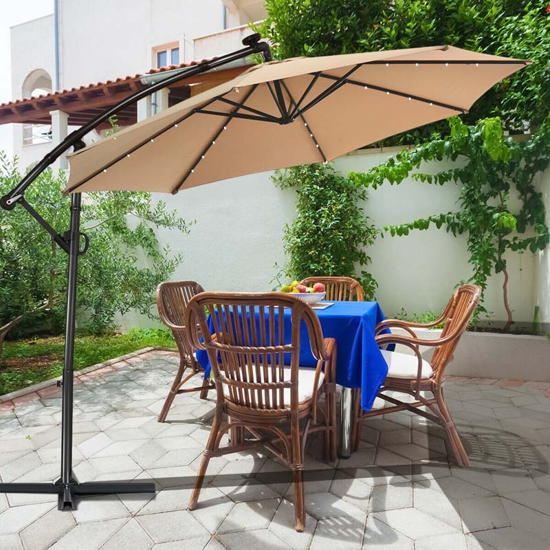 10 FT Patio Offset Umbrella with Solar Lights 360�� Rotation Outdoor Market Umbrella with Crank Handle & Cross Base