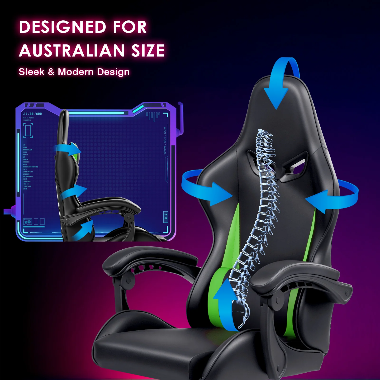 Gaming Chair Massage Lumbar with Footrest Green