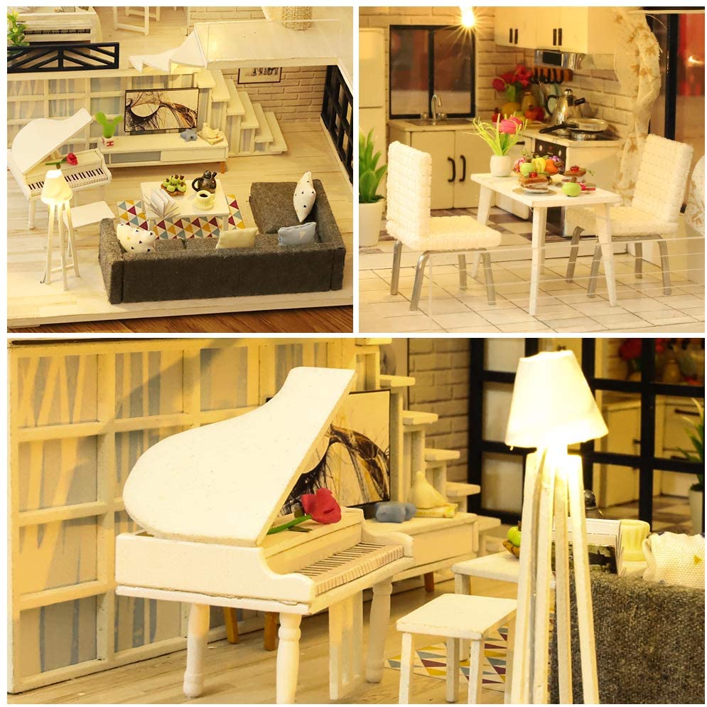 Dollhouse Miniature with Furniture Kit Plus Dust Proof and Music Movement - Happy time 1:24 Scale Creative Room Idea