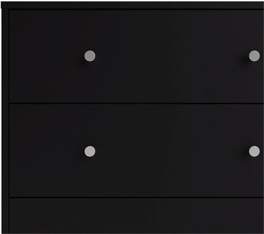 3-Pc Scandinavian Design Engineered Wood Bedroom Furniture Set with 3-Drawer Chest & 6-Drawer Double Dresser & 1-Drawer Nightstand, Pewter Plastic Handles, Smooth Plastic Glides, in Black