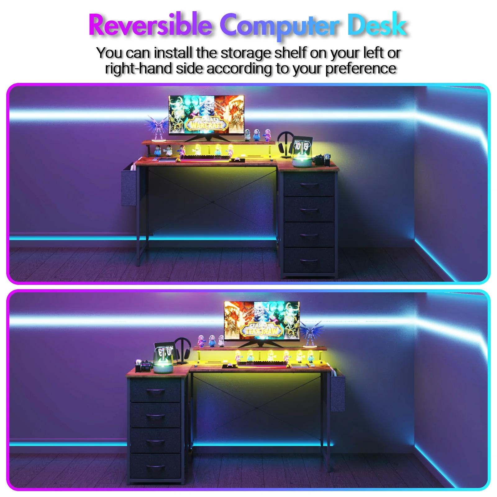 L Shaped Gaming Desk with LED Lights