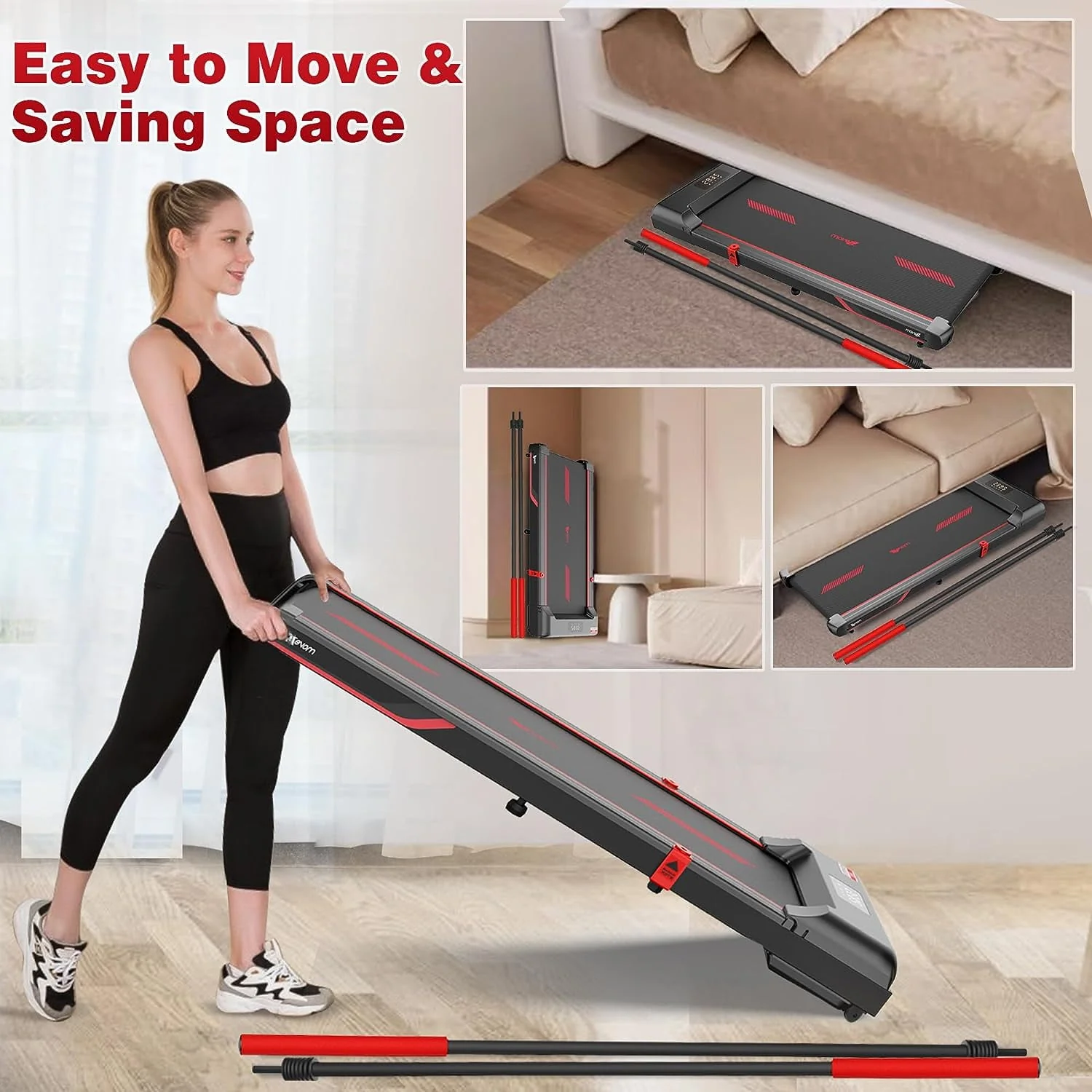 Superjoe Walking Pad Treadmill Under Desk 2 in 1 with Remote Control & Removable Handrails, Under Desk Treadmills for Home Exercise, Walking Running Jogging Machine LED Display Free Installation, Red