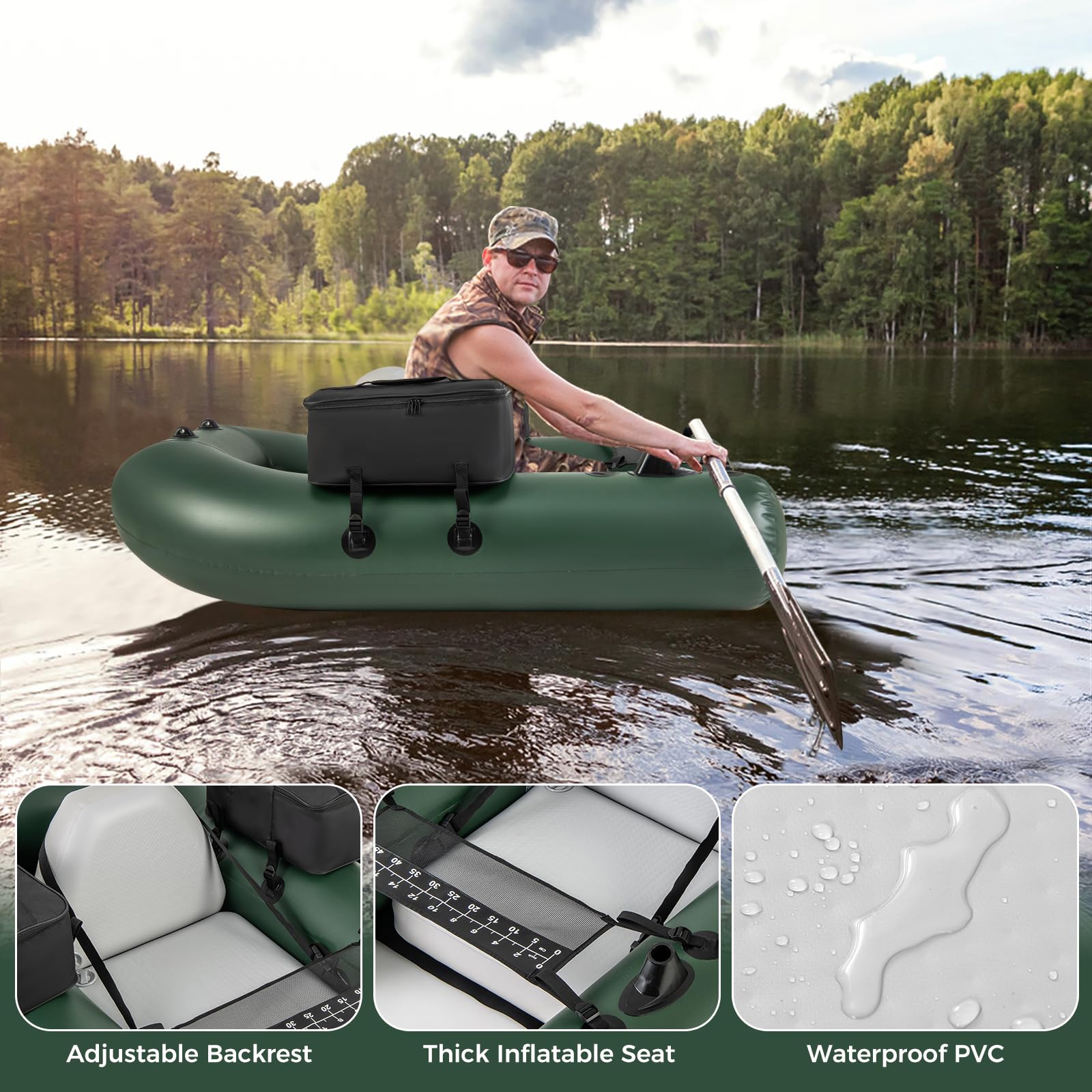 Inflatable Float Tube, Fishing Belly Boat with Fish Ruler, 2 Detachable Storage Bags, Pump, Carry Bag