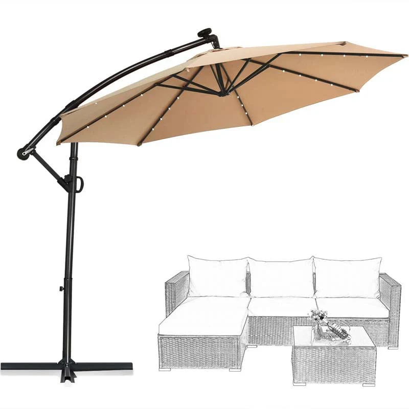 10 FT Patio Offset Umbrella with Solar Lights 360�� Rotation Outdoor Market Umbrella with Crank Handle & Cross Base
