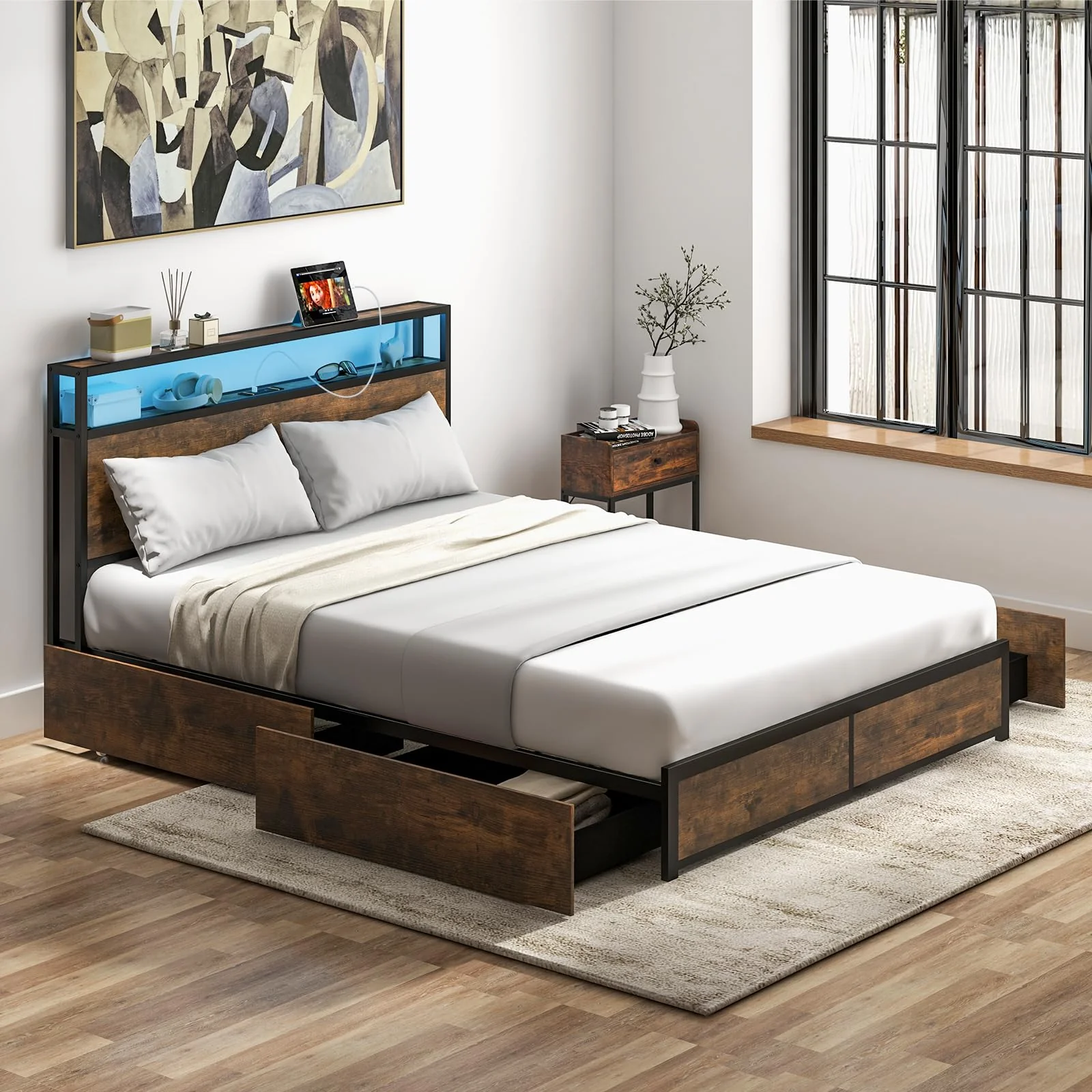 Giantex Queen Bed Frame with Smart LED Lights, Metal Platform Bed with Storage Headboard