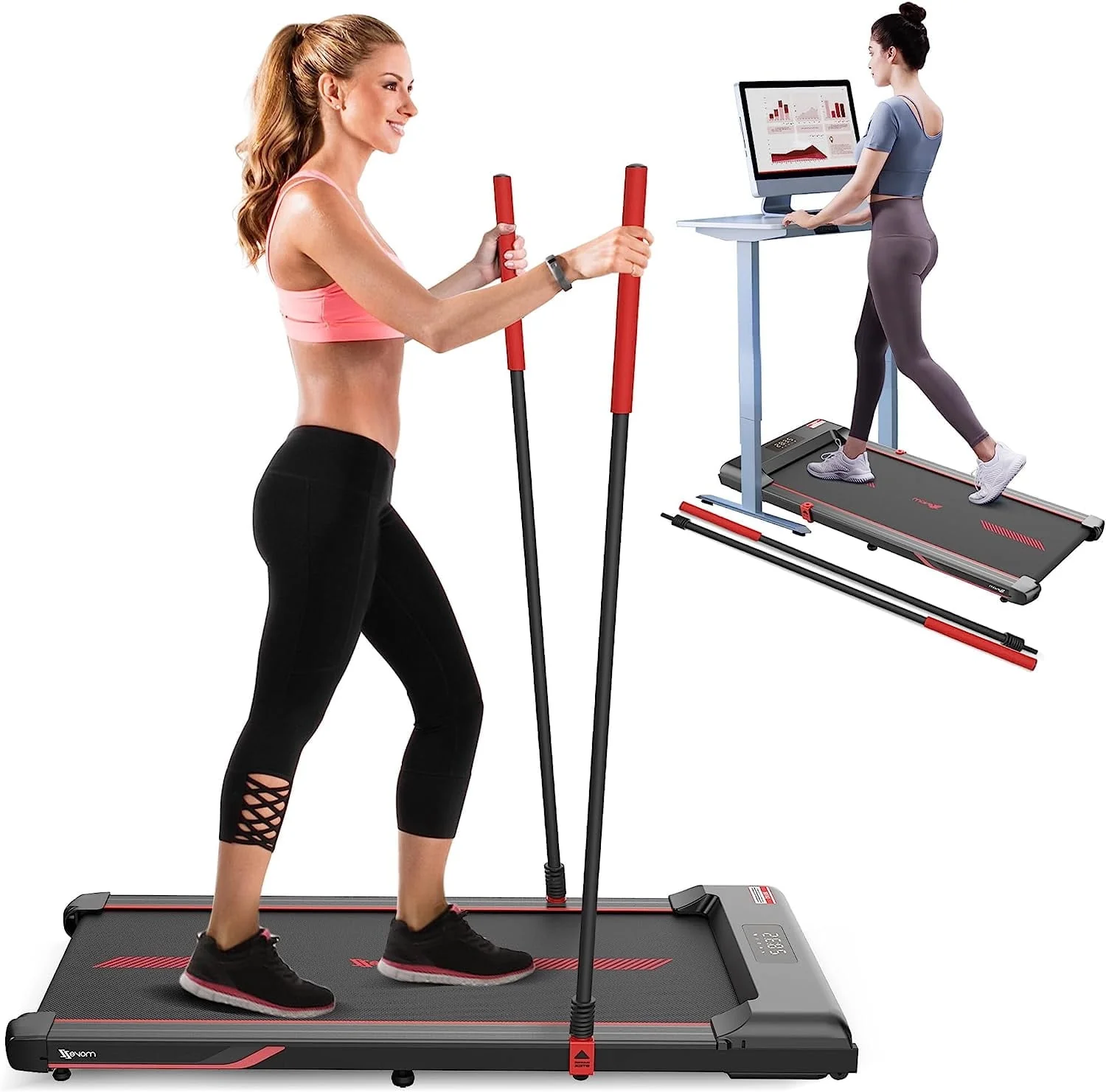 Superjoe Walking Pad Treadmill Under Desk 2 in 1 with Remote Control & Removable Handrails, Under Desk Treadmills for Home Exercise, Walking Running Jogging Machine LED Display Free Installation, Red