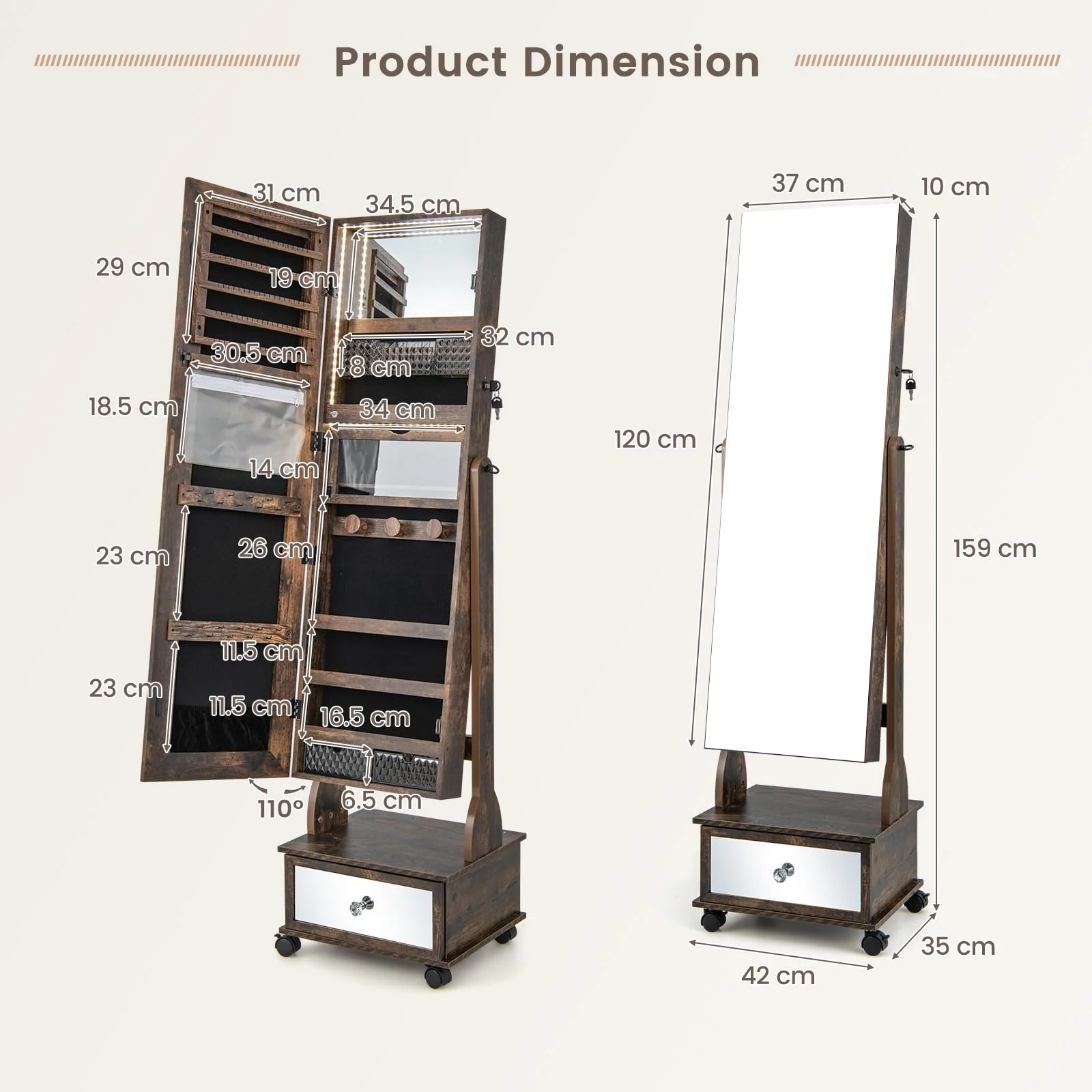 Giantex Standing Jewelry Armoire, Lockable Movable Jewelry Organizer