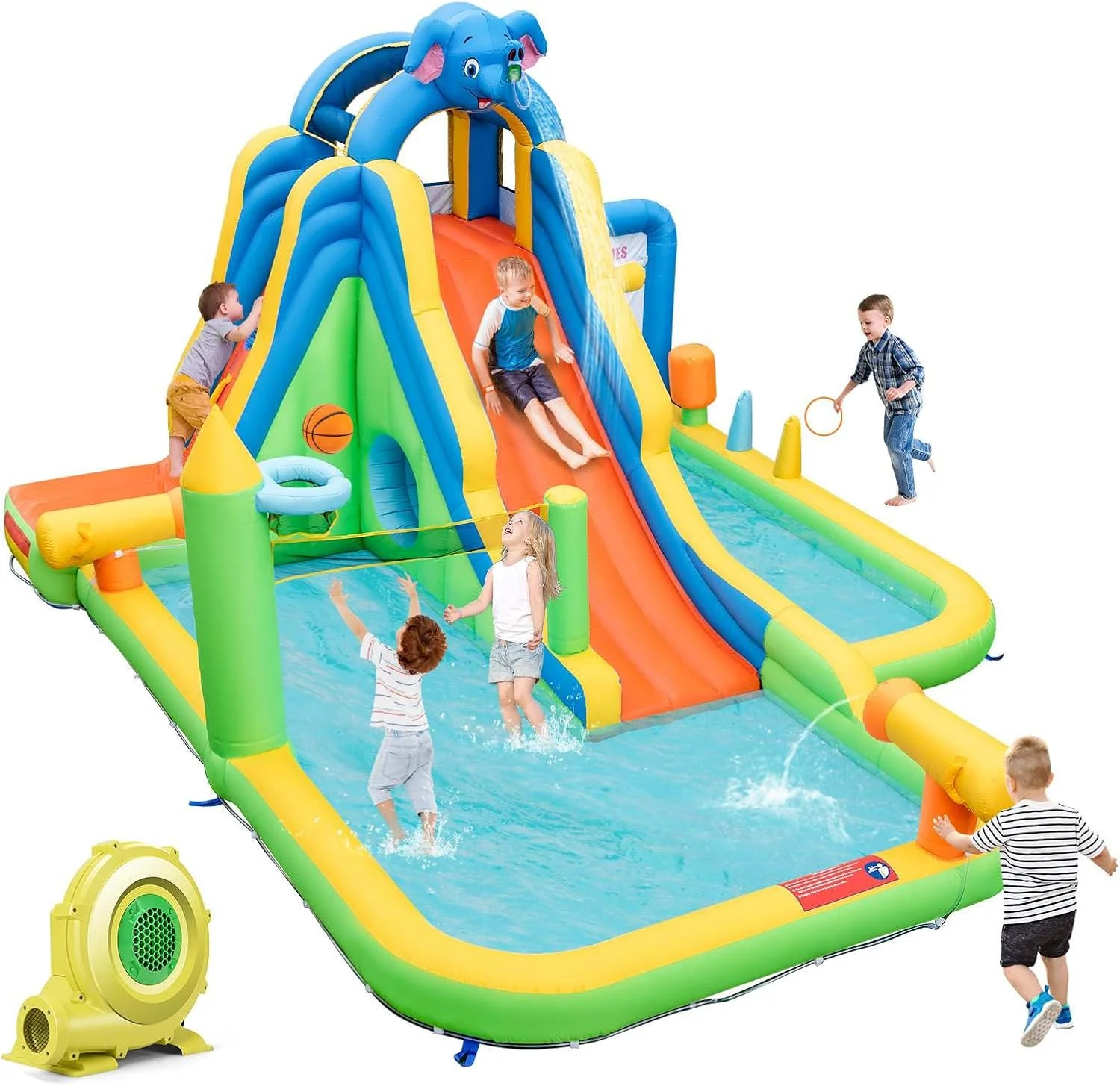 Inflatable Water Slide, 9-in-1 Water Park Jumping Castle W/Ring-toss Game, Volleyball Area, Basketball Hoop