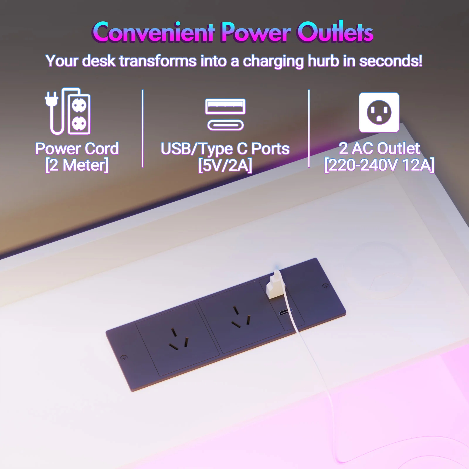 LED RGB Light Electric Standing Desk White