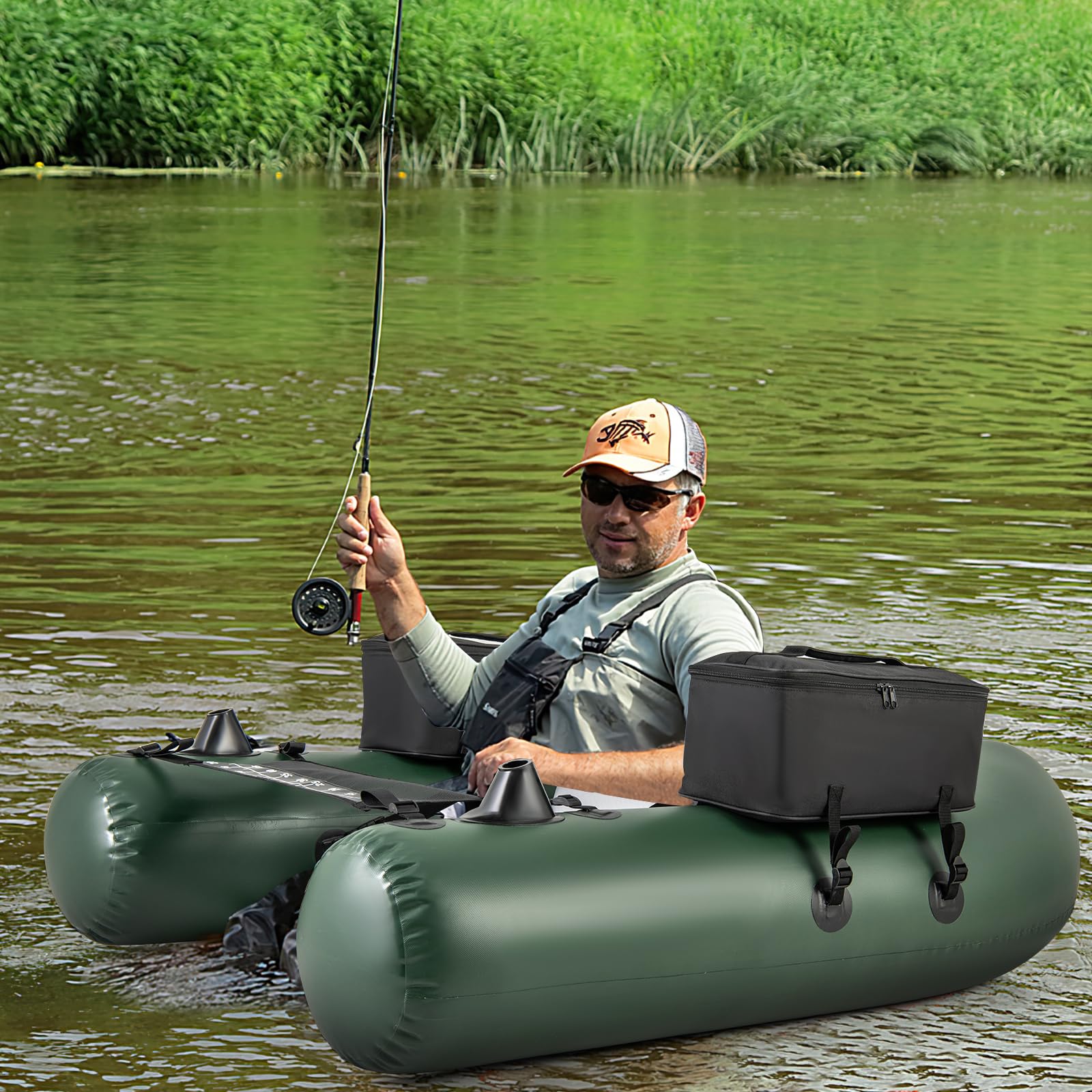 Inflatable Float Tube, Fishing Belly Boat with Fish Ruler, 2 Detachable Storage Bags, Pump, Carry Bag