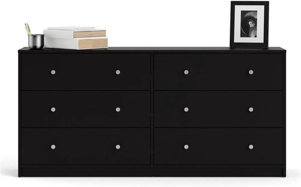 3-Pc Scandinavian Design Engineered Wood Bedroom Furniture Set with 3-Drawer Chest & 6-Drawer Double Dresser & 1-Drawer Nightstand, Pewter Plastic Handles, Smooth Plastic Glides, in Black