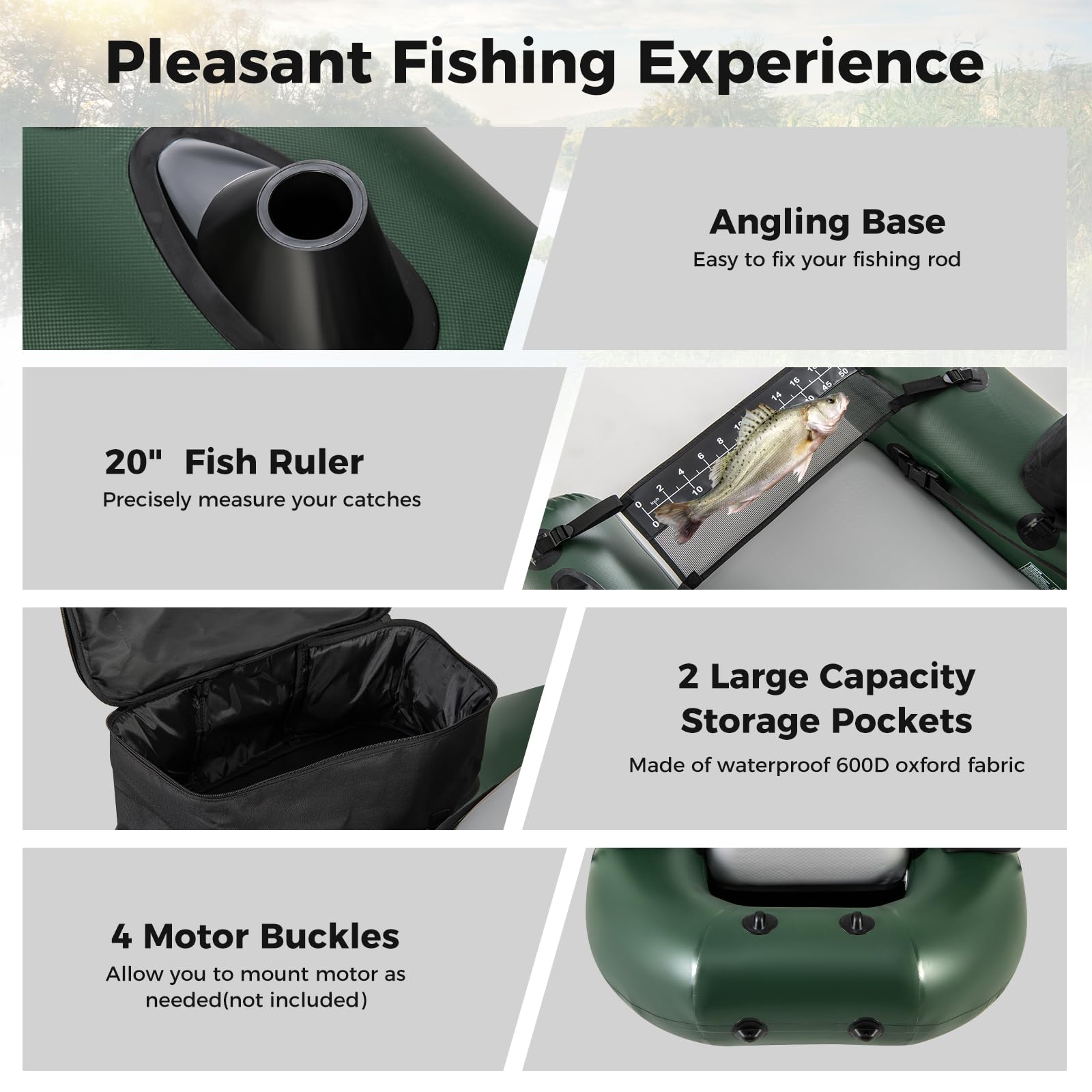 Inflatable Float Tube, Fishing Belly Boat with Fish Ruler, 2 Detachable Storage Bags, Pump, Carry Bag