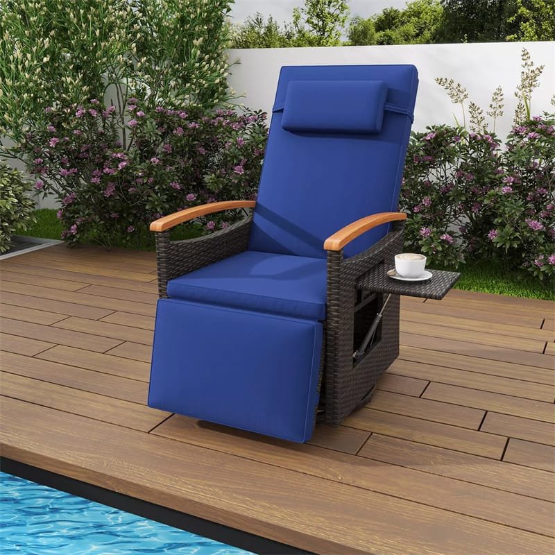 Outdoor 360?? Swivel Rattan Recliner Chair with Adjustable Backrest & Footrest, Patio Wicker Chaise Lounge Chair with Flip Side Table & Cushion