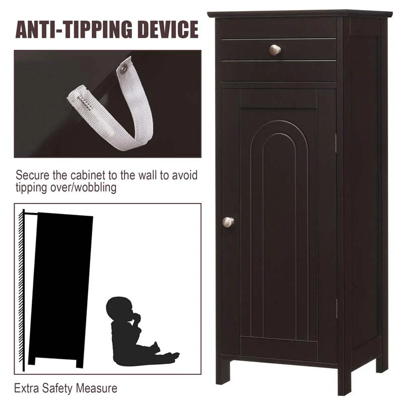 Free-Standing Wooden Floor Storage Cabinet w/Large Drawer & 2 Adjustable Shelves, Morden Side Storage Bathroom Organizer Cabinet