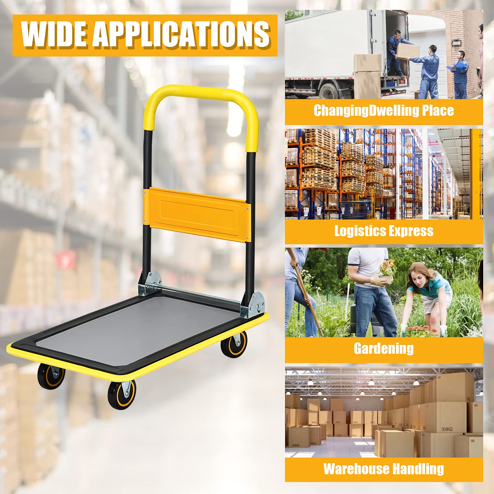 Folding Platform Cart, 330LBS Rolling Flatbed Cart Hand Platform Truck Push Dolly for Loading, Yellow