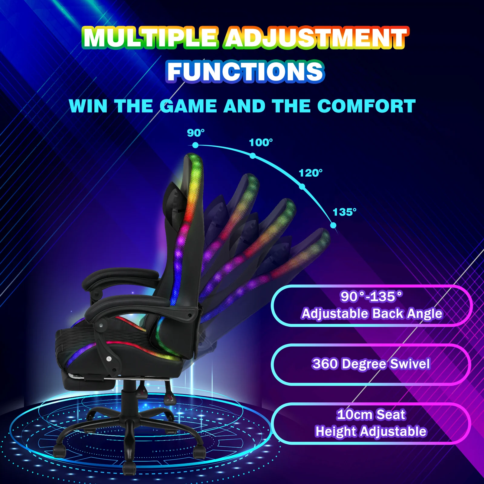 Gaming Chair 12 RGB LED Massage Chair Black