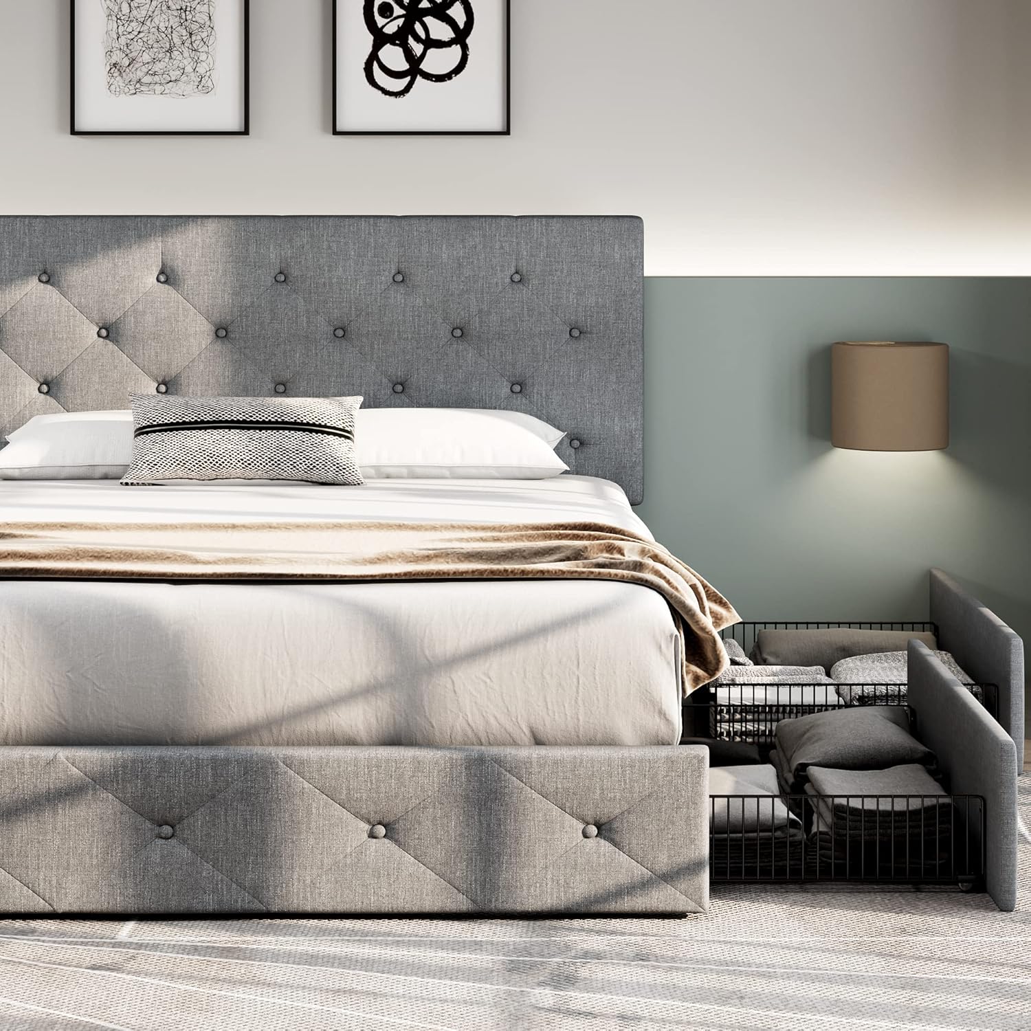 Allewie Upholstered Queen Size Platform Bed Frame with 4 Storage Drawers and Headboard, Square Stitched Button Tufted, Mattress Foundation with Wooden Slats Support, No Box Spring Needed, Light Grey