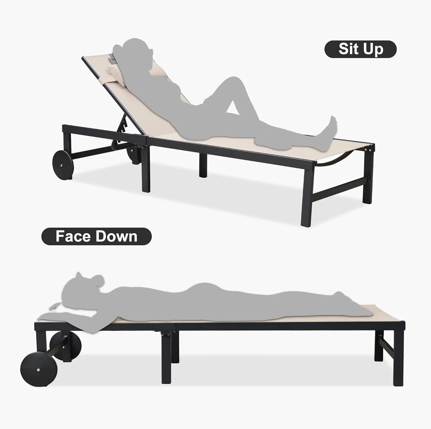 PURPLE LEAF Patio Tanning Lounge Chair Set with Face Down Hole Outdoor Aluminum Adjustable Reclining Chairs Wheels Pillows and Table for Poolside Beach Sunbathing Lounger, Beige