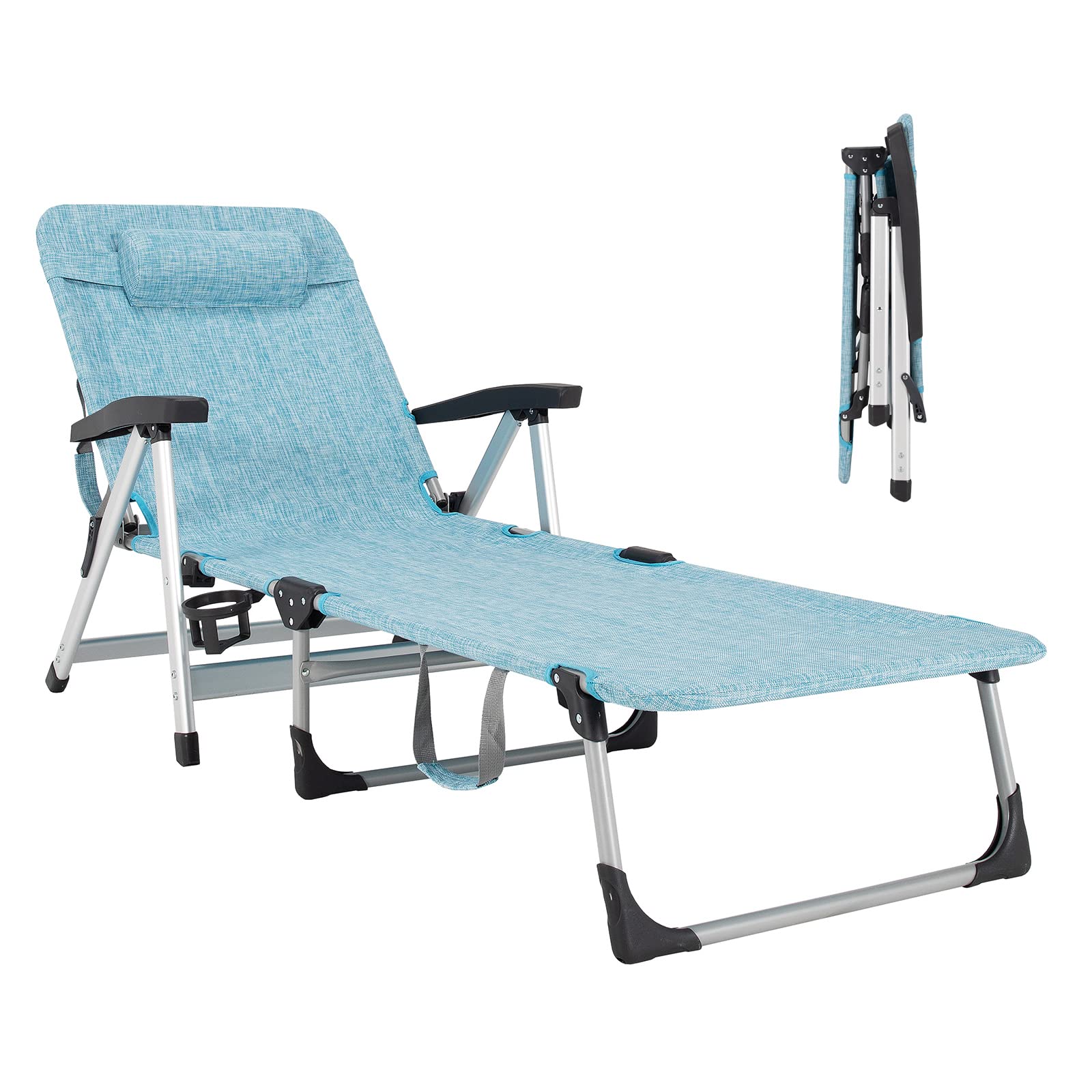 Chaise Lounge Chair, Folding Outdoor Patio Lounger with Cup Holder & Detachable Headrest