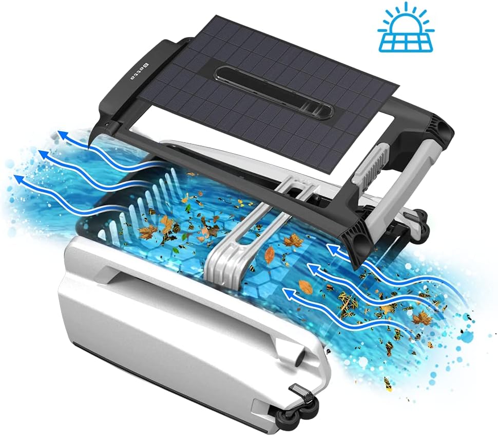 Solar Powered Automatic Robotic Pool Skimmer Cleaner with 30-Hour Continuous Cleaning Battery Power and Re-Engineered Twin Salt Chlorine Tolerant Motors (White)