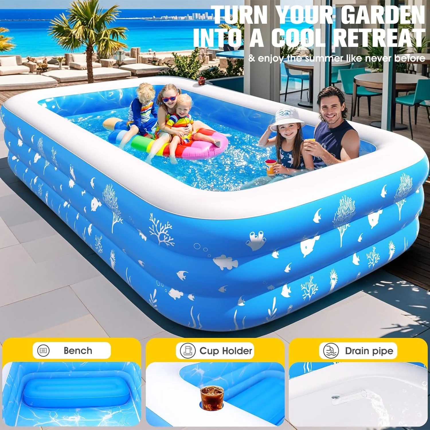Inflatable Pool with Seat and Pool Lights, Durable Thickened Large Size Family Inflatable Pools for Adults Blow Up Pools,105