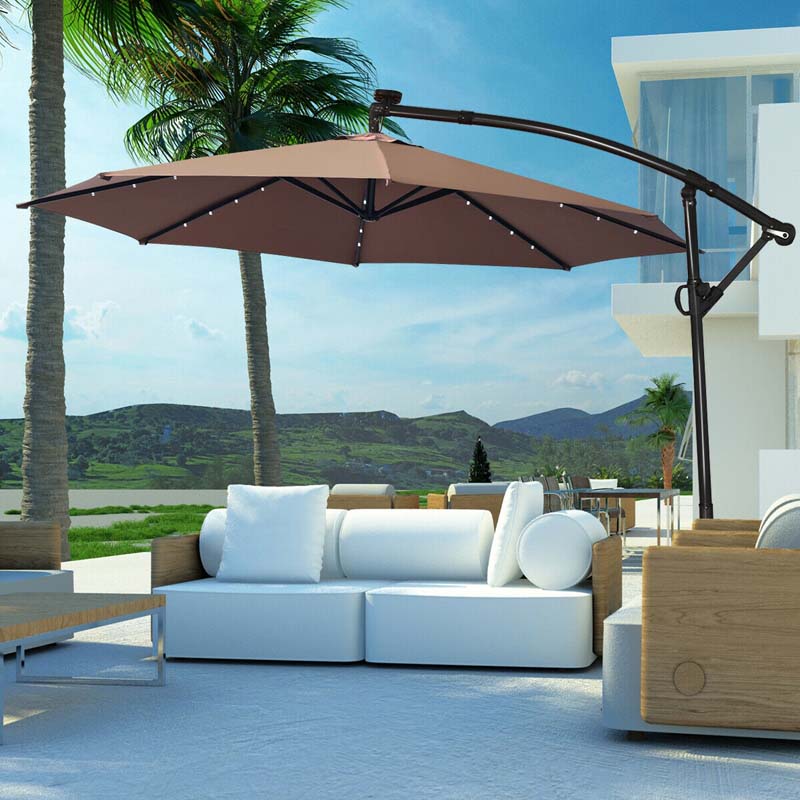 10 FT Patio Offset Umbrella with Solar Lights 360�� Rotation Outdoor Market Umbrella with Crank Handle & Cross Base
