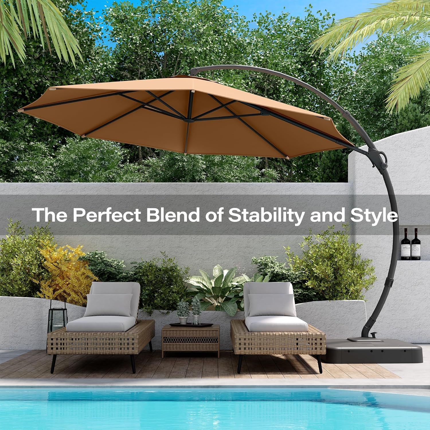 LAUSAINT HOME Outdoor Patio Umbrella with Base included, 11 FT Deluxe Curvy Cantilever Umbrella Heavy Duty Offset Hanging Umbrella with 360�� Rotation for Market, Pool, Garden, Backyard, Deck (Beige)