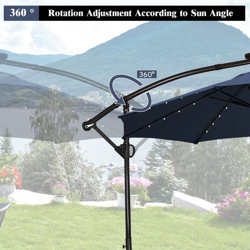 10 FT Patio Offset Umbrella with Solar Lights 360�� Rotation Outdoor Market Umbrella with Crank Handle & Cross Base