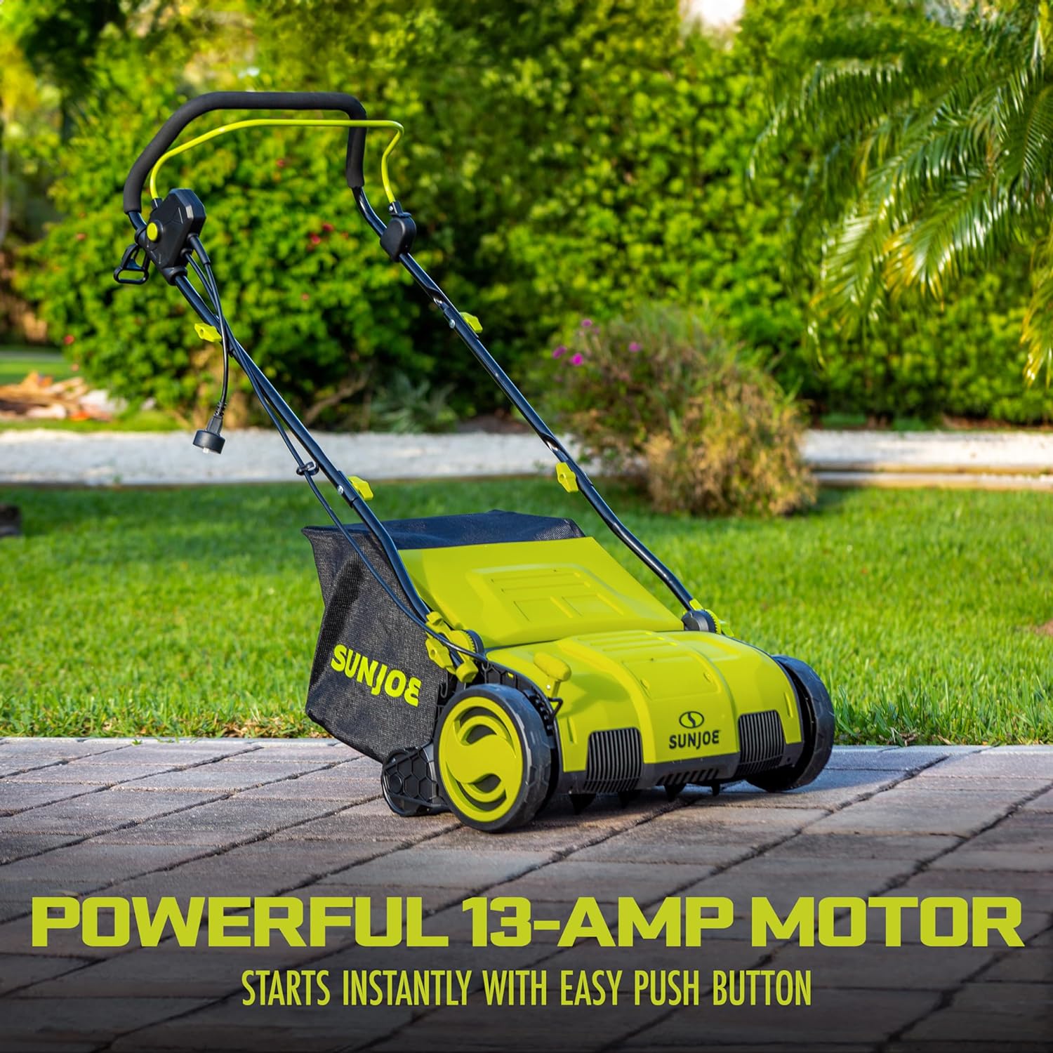 AJ805E 15-Inch 13-Amp Electric Dethatcher and Scarifier w/Removeable 13.2-Gal Collection Bag, 5-Position Height Adjustment, Airboost Technology Increases Lawn Health, Green