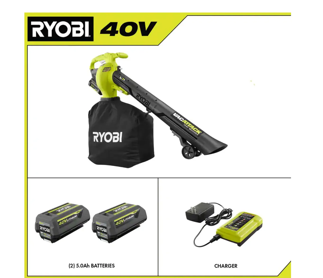 RY40451-2B 40V Vac Attack Cordless Leaf Vacuum/Mulcher with (2) 5.0 Ah Batteries and (1) Charger