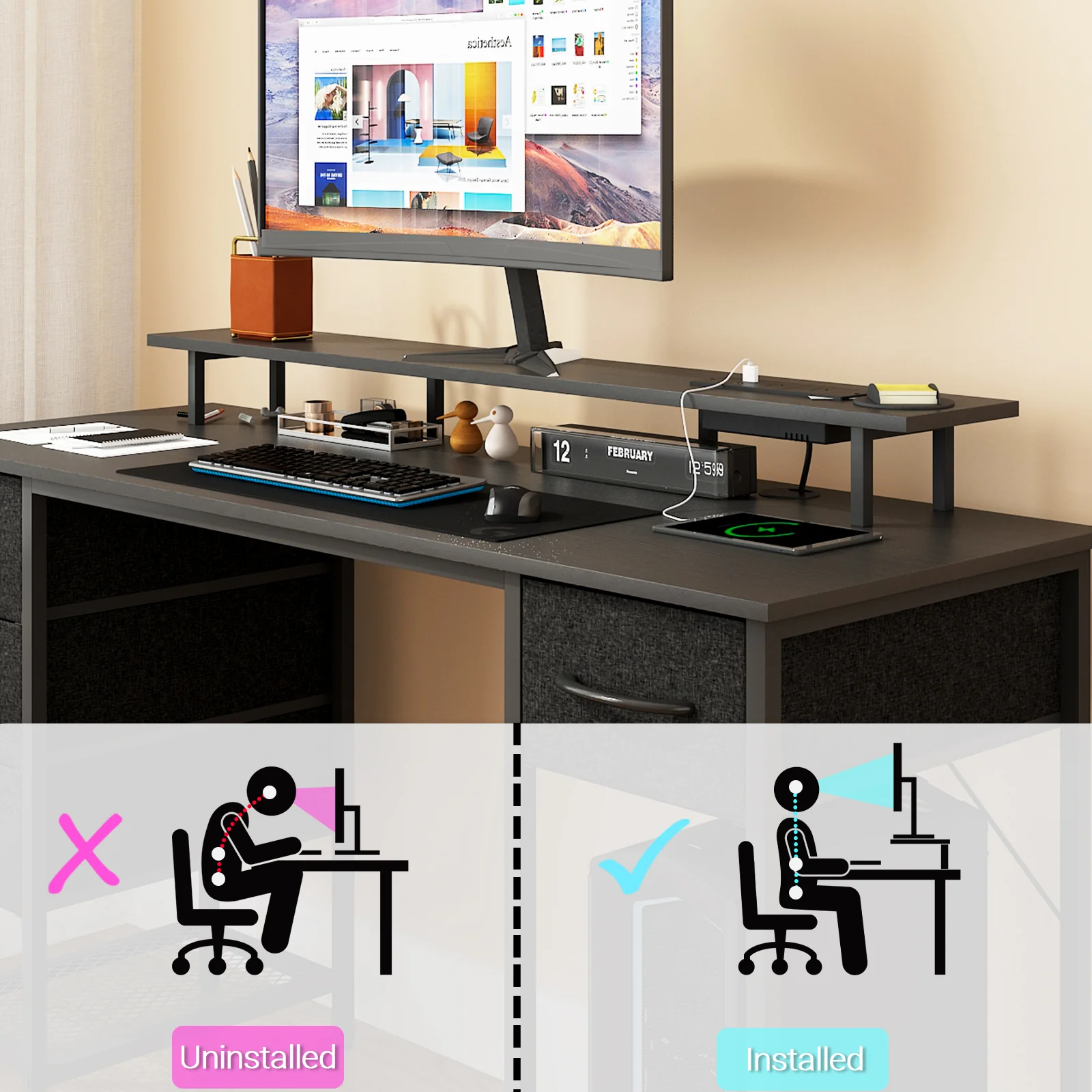 Gaming Desk with LED Lights with Monitor Stand 137cm