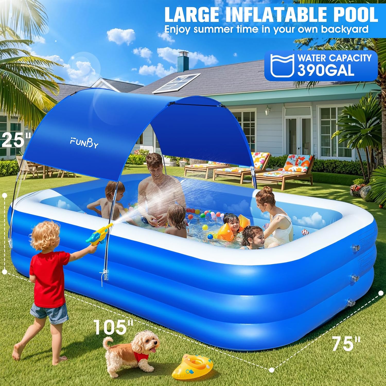 Inflatable Pool with Canopy,Upgraded Inflatable Swimming Pool for Kids,Adult,Large Inflatable Blow up Pools,Ocean Theme Oversized Thickened 105