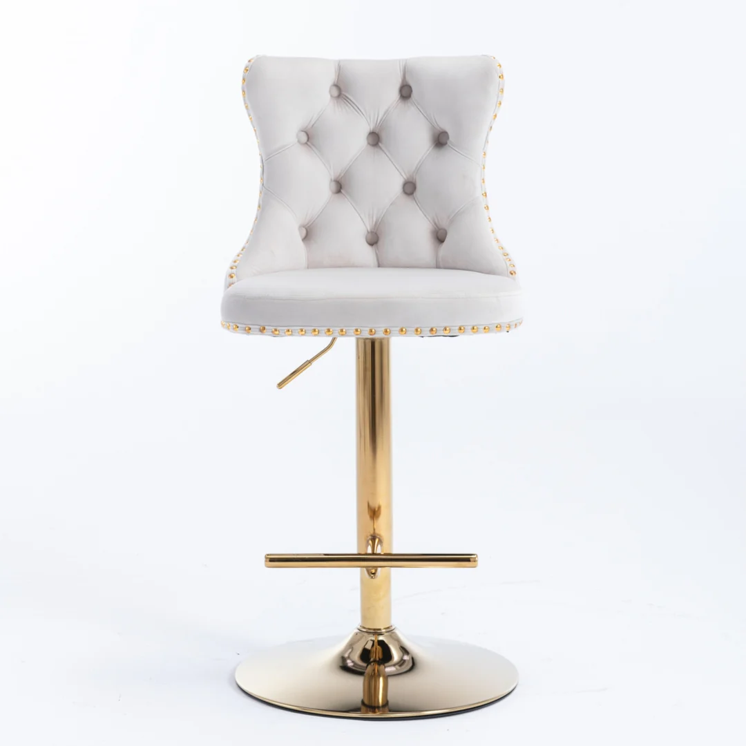 4x Height Adjustable Swivel Bar Stool Velvet Studs Barstool with Footrest and Golden Base- Beige