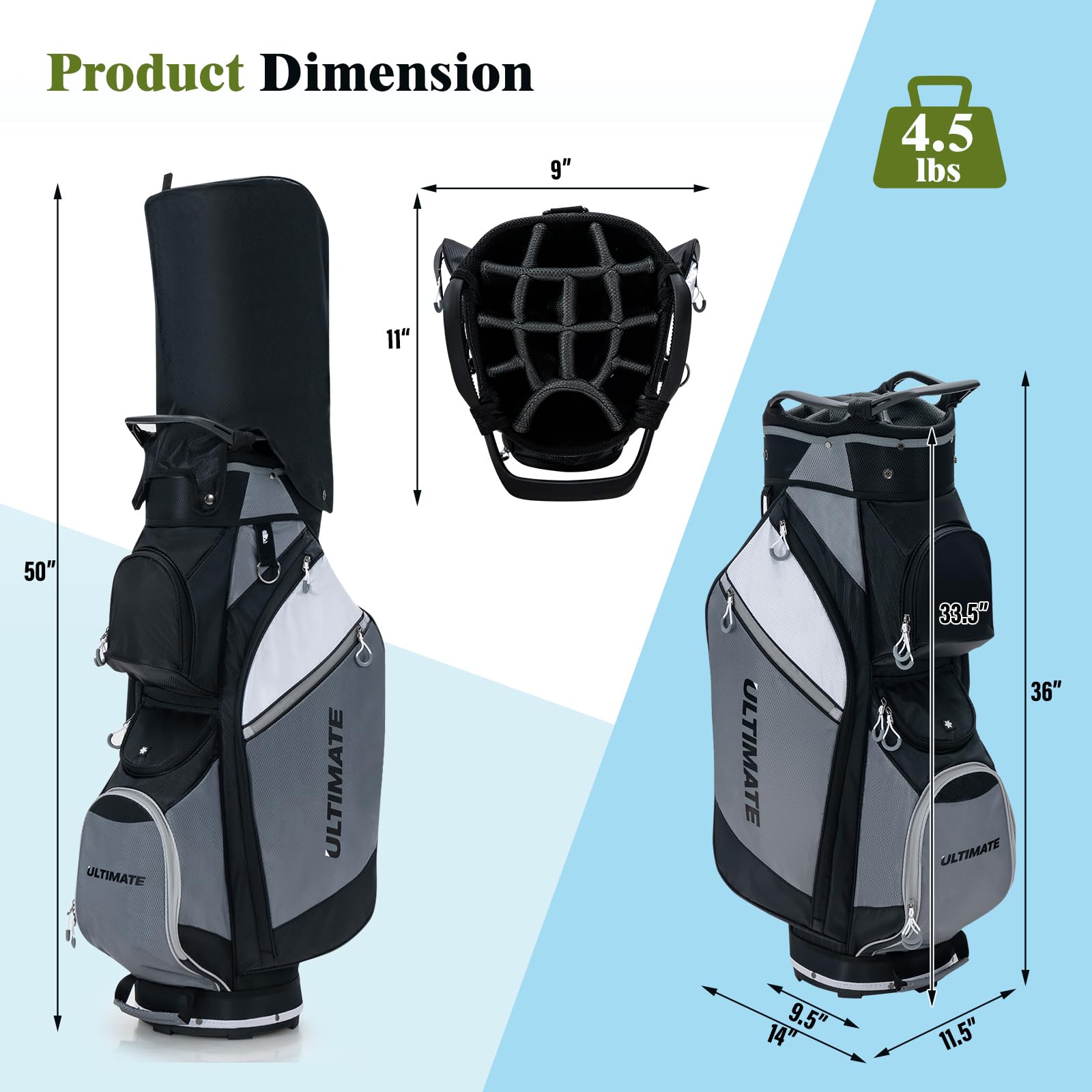 Golf Cart Bag with 14-Way Top Dividers, Golf Club Bag with 7 Zippered Pockets Including Cooler Bag