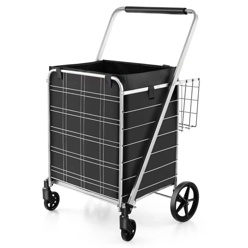 27.5 Gallon Jumbo Folding Shopping Cart with Waterproof Liner & Double Basket, Heavy Duty Portable Utility Cart for Grocery Market Laundry