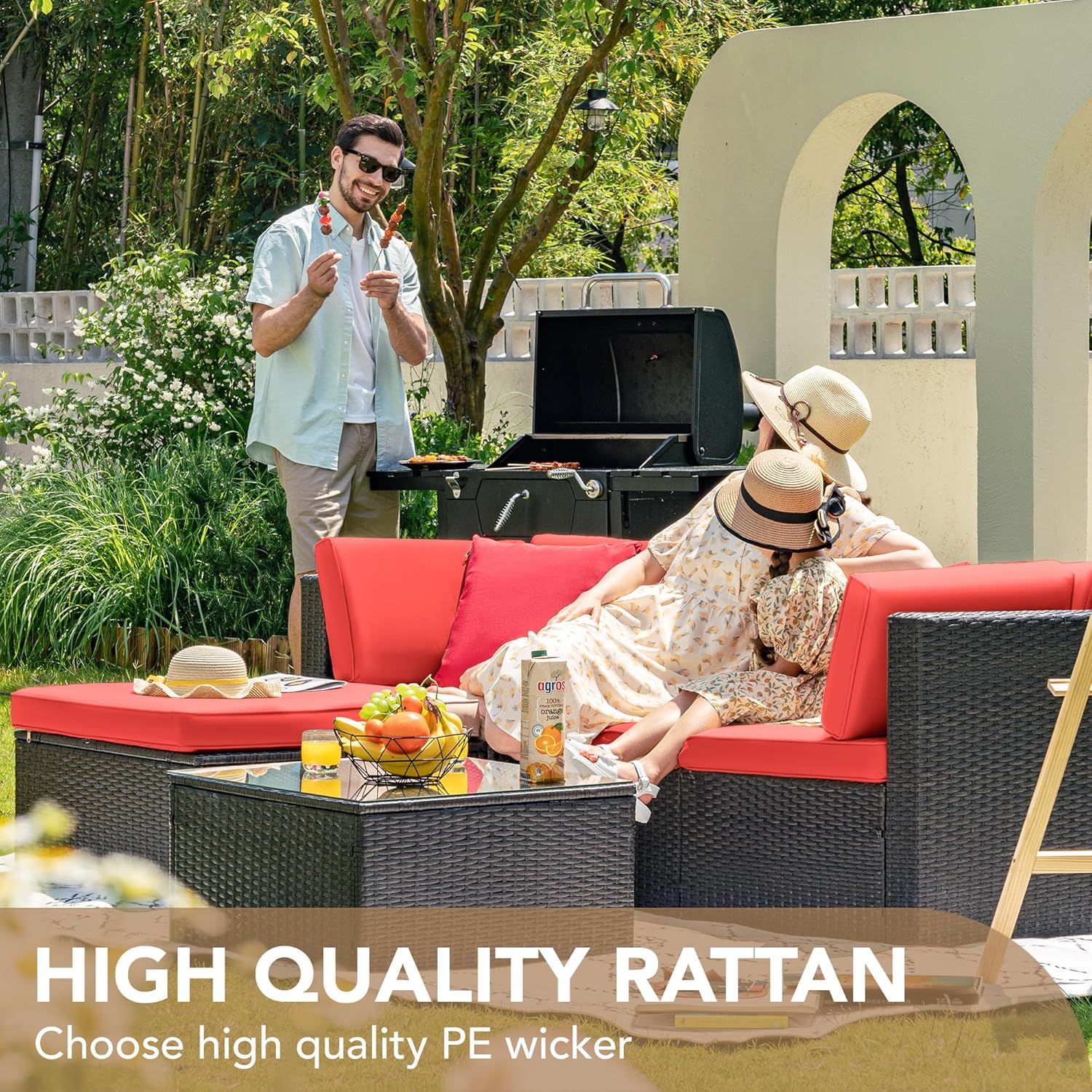 Devoko 5 Pieces Patio Furniture Sets All Weather Outdoor Sectional Patio Sofa Manual Weaving Wicker Rattan Patio Seating Sofas with Cushion and Glass Table(Beige)