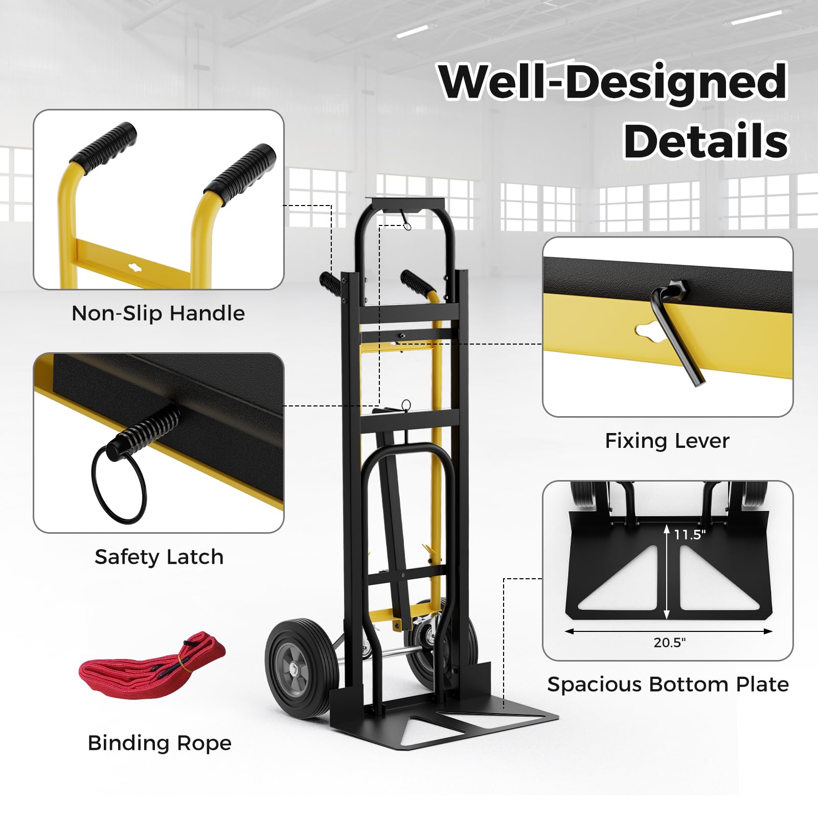 Hand Truck, 3-in-1 Convertible Metal Dolly Cart with 4 Rubber Wheels, 1000 lbs Max Load Capacity