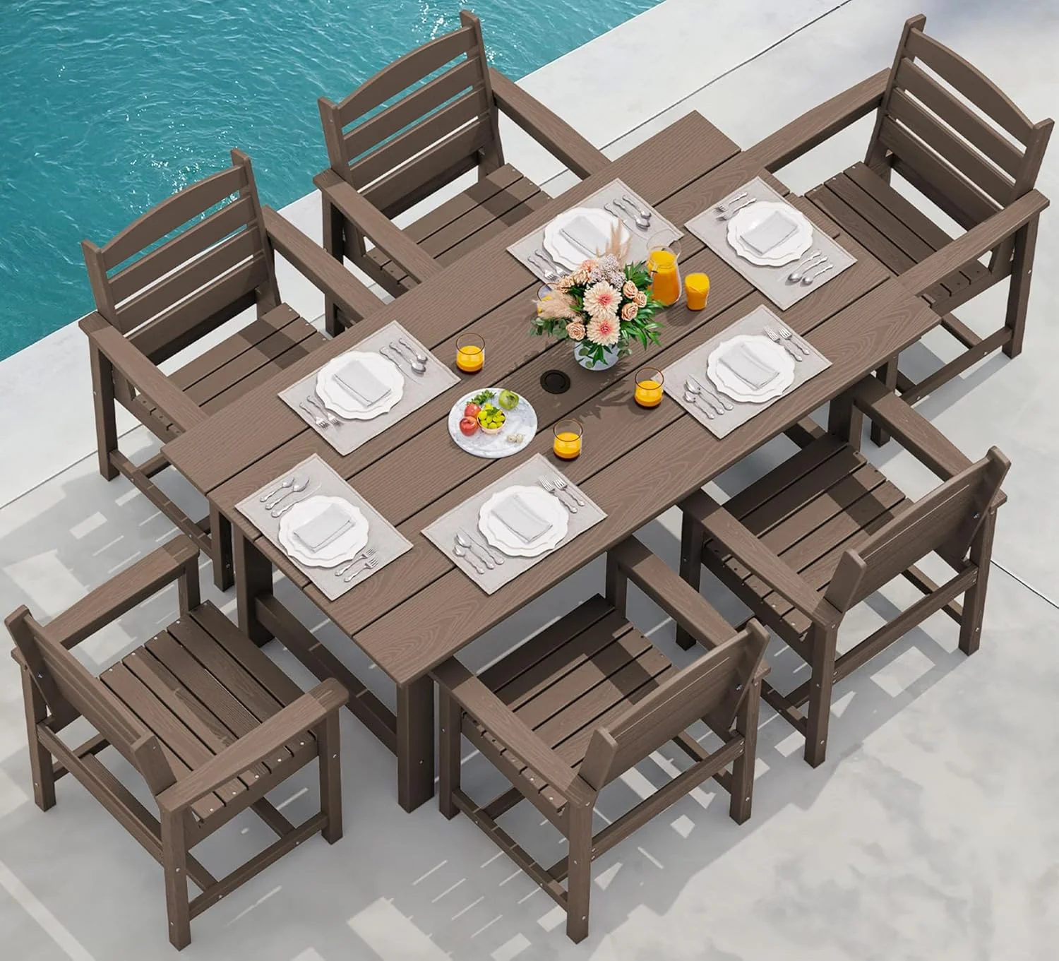 7-Piece Patio Table Set, Outdoor HDPE Dining Furniture with Umbrella Hole, All Weather Table and Chairs for Lawn, Garden, Poolside, Aruba