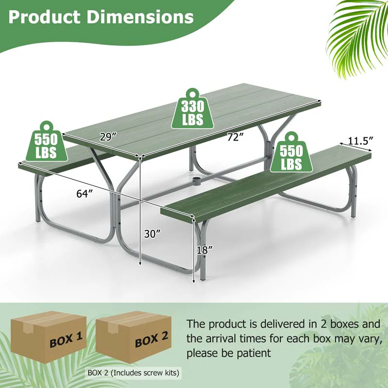6 FT 8-Person Outdoor Large Picnic Table Bench Set with Umbrella Hole, Metal Frame, All-Weather HDPE Tabletop