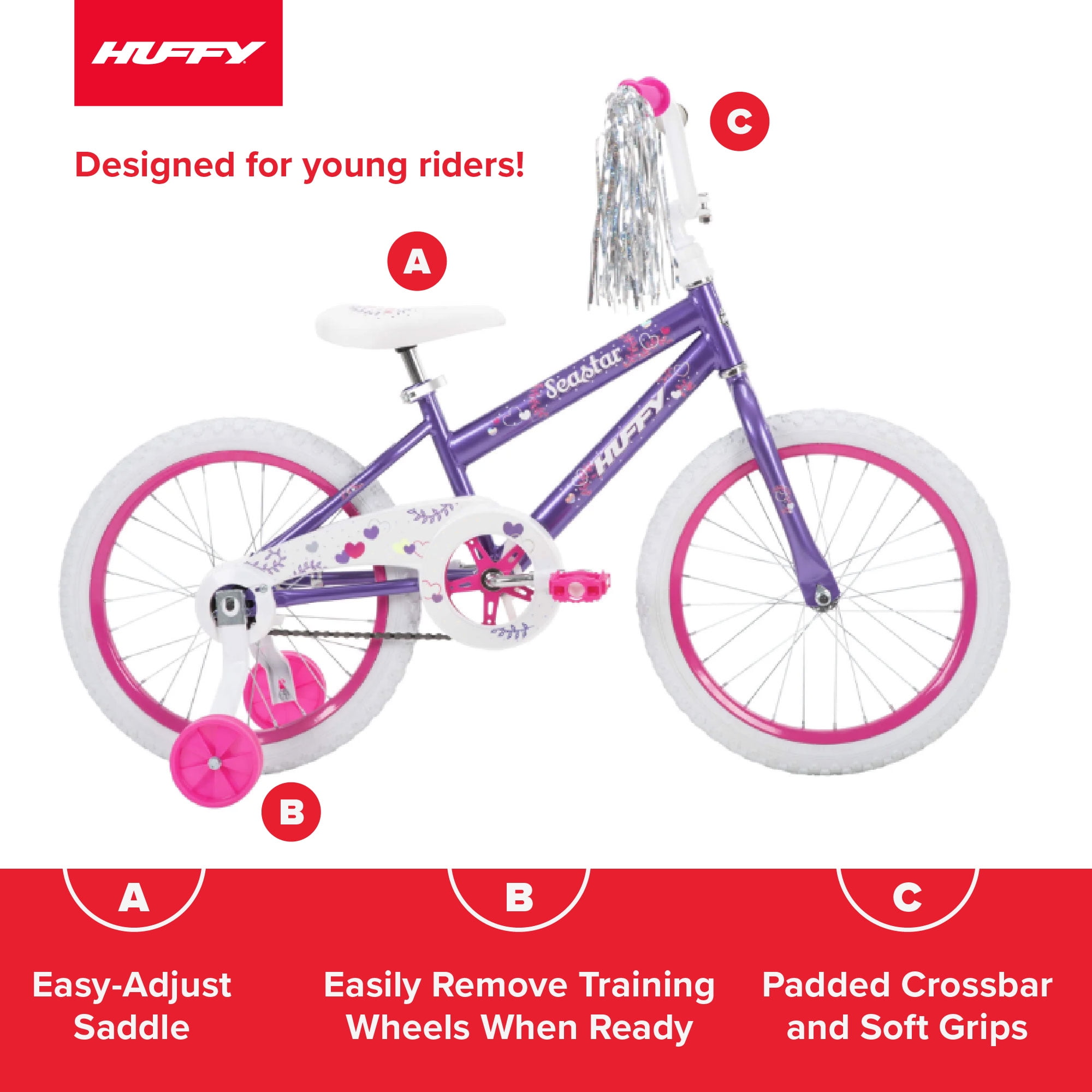 Huffy Sea Star 18��� Kids Bicycle, Purple, Ages 4+, Training Wheels, Single-Speed